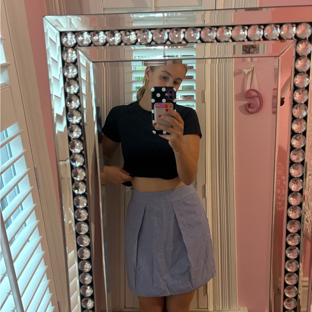 high waisted purple and light blue striped skirt
